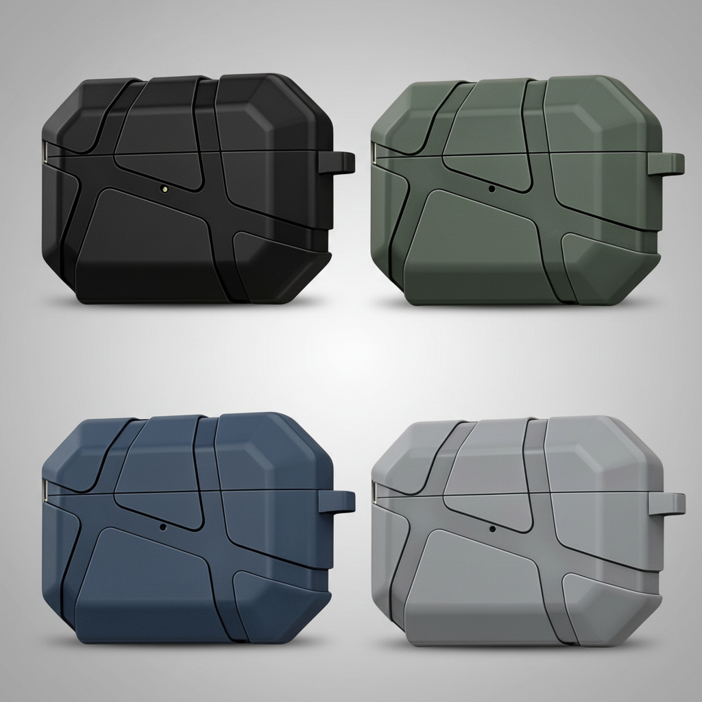 Four rugged rectangular protective cases arranged in a 2x2 grid on a white background, shown in black, olive green, navy blue, and light gray.
